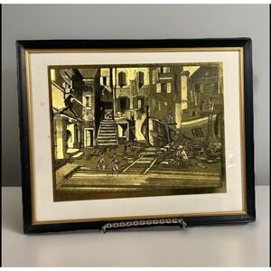 Lionel Barrymore Courtyard Venice Gold Foil Etching Framed Art Print Black Gold